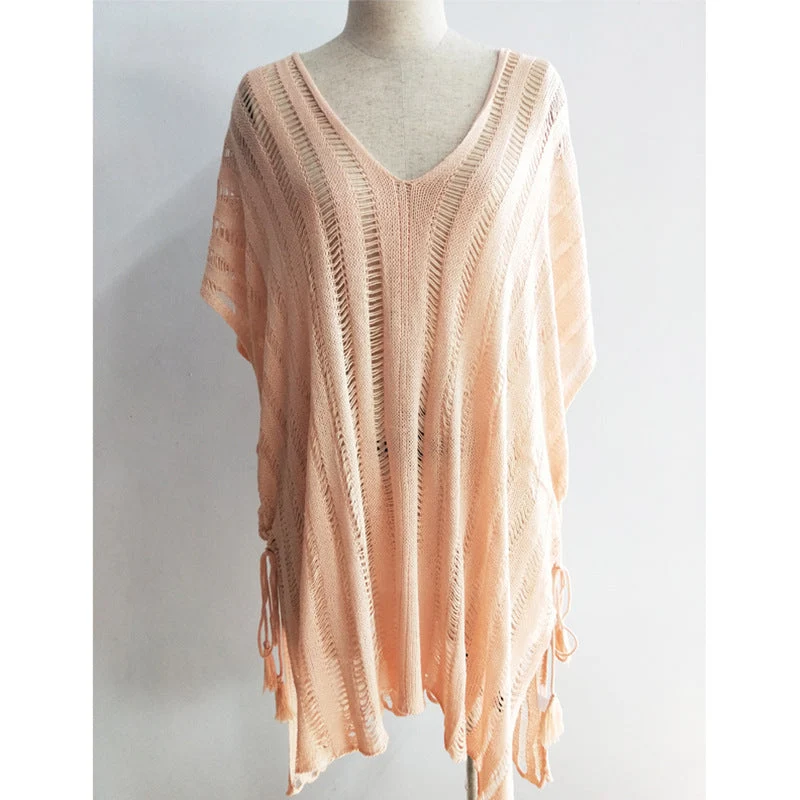 Damen lässige Strickbluse mit seitlichen Bindebändern Drune