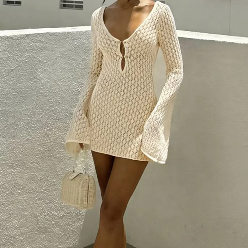 Damen Häkelkleid mit weitem Arm und elegantem V-Ausschnitt Drune