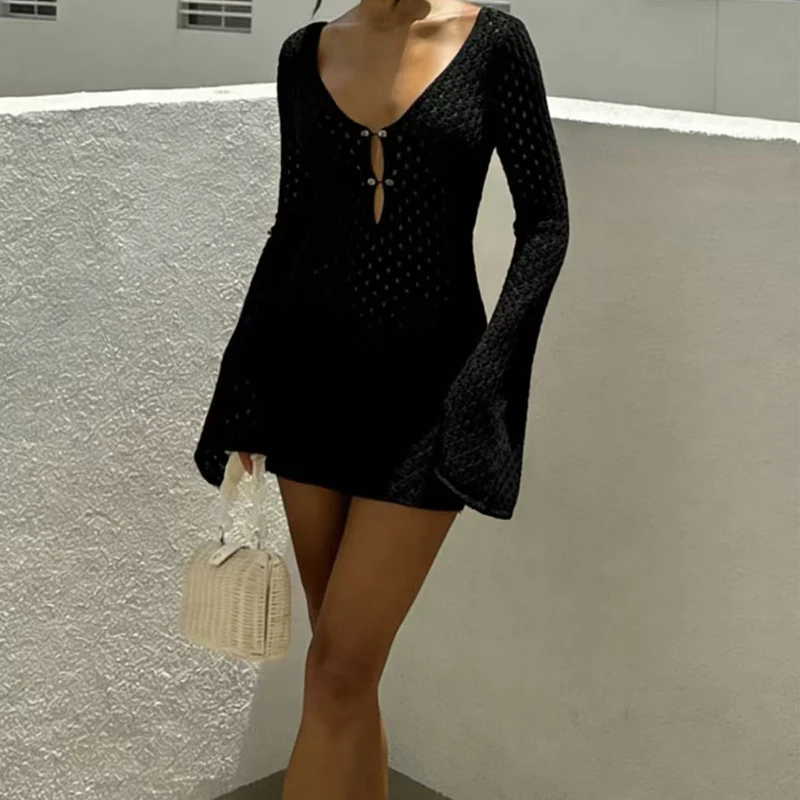 Damen Häkelkleid mit weitem Arm und elegantem V-Ausschnitt Drune
