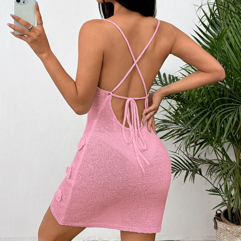 Damen Häkelkleid mit floralen Details und verführerischem V-Ausschnitt Drune