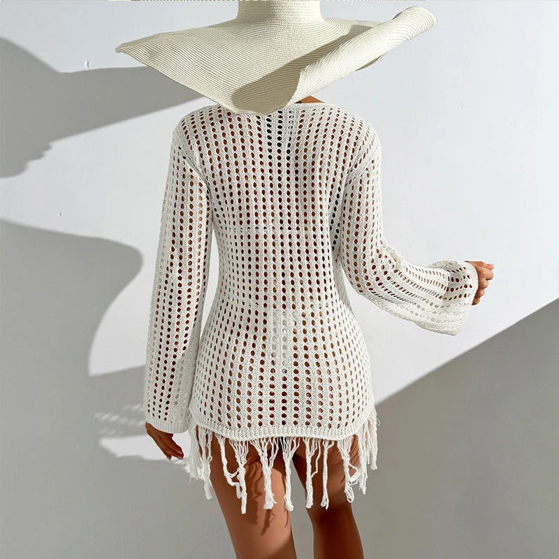 Damen Häkel-Strandüberwurf mit fransigem Saum und dekorativem Netzdesign Drune
