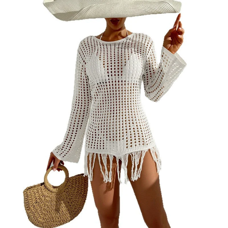 Damen Häkel-Strandüberwurf mit fransigem Saum und dekorativem Netzdesign Drune
