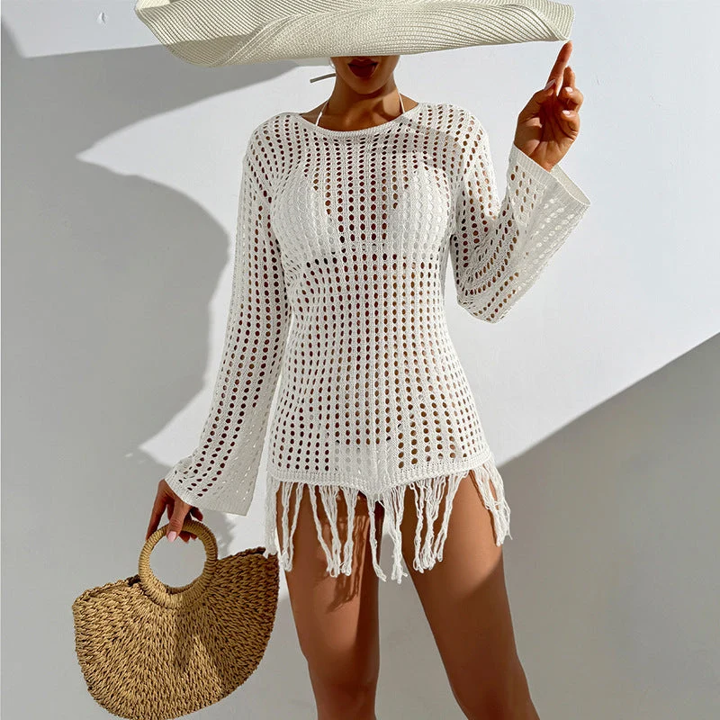 Damen Häkel-Strandüberwurf mit fransigem Saum und dekorativem Netzdesign Drune