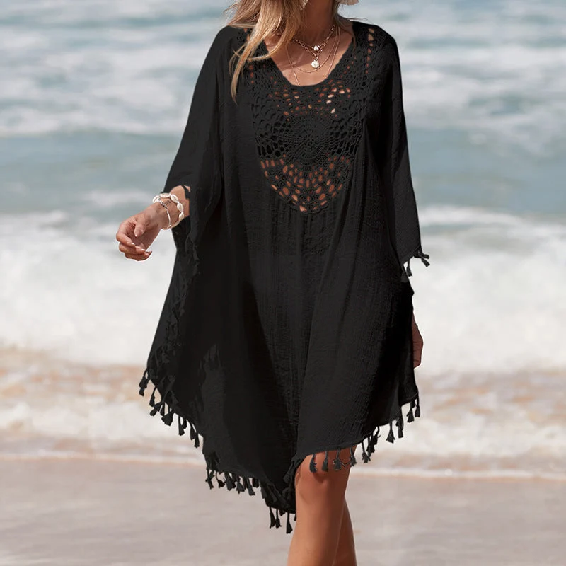 Damen Häkel-Strandüberwurf mit fransigem Saum und elegantem Lochmuster Drune