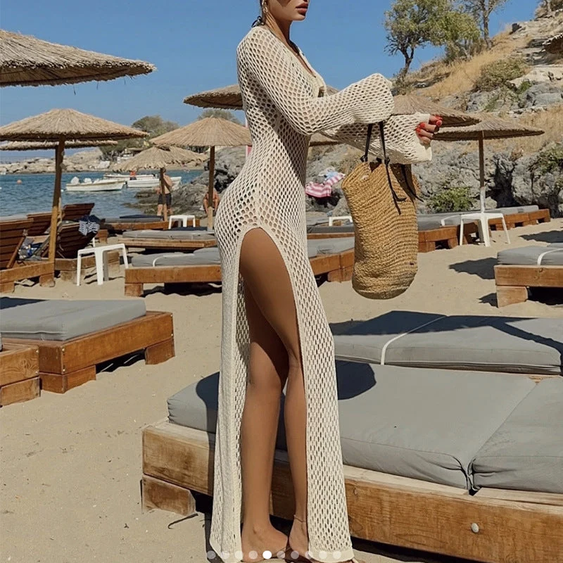 Damen Häkel-Strandüberwurf mit dekorativem V-Ausschnitt und modischem Schlitz Drune