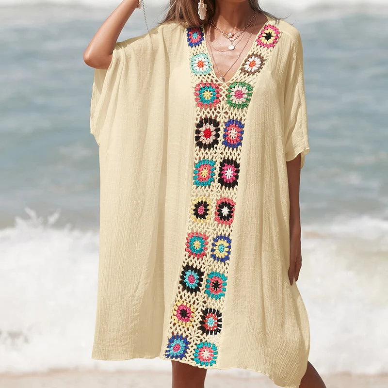 Damen Häkel-Strandtunika im lässigen Oversize-Stil mit bunten Applikationen Drune