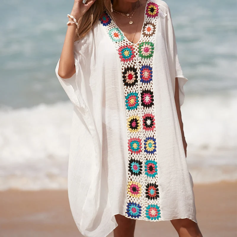 Damen Häkel-Strandtunika im lässigen Oversize-Stil mit bunten Applikationen Drune