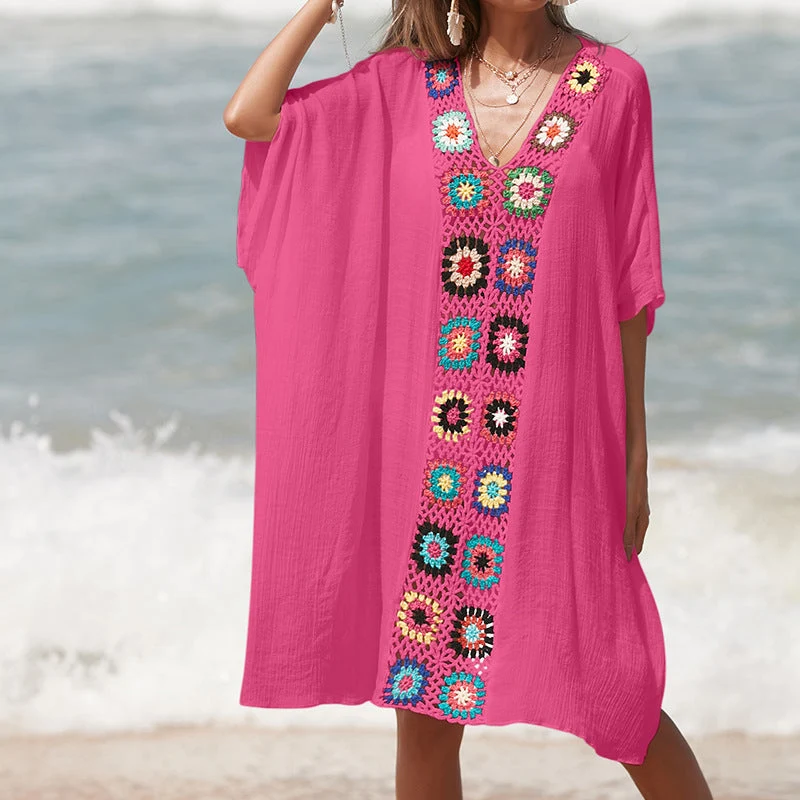 Damen Häkel-Strandtunika im lässigen Oversize-Stil mit bunten Applikationen Drune