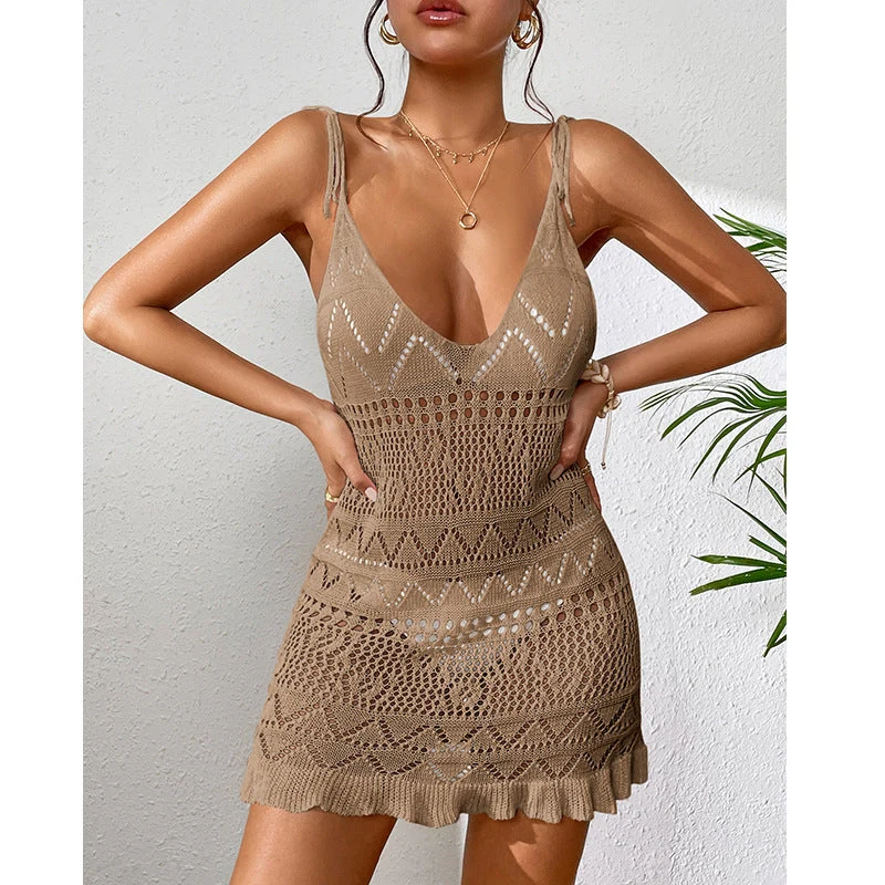 Damen Häkel-Strandkleid mit verstellbaren Trägern und Rüschensaum Drune