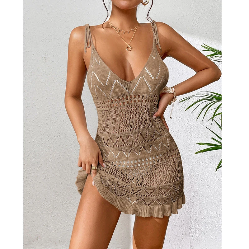 Damen Häkel-Strandkleid mit verstellbaren Trägern und Rüschensaum Drune