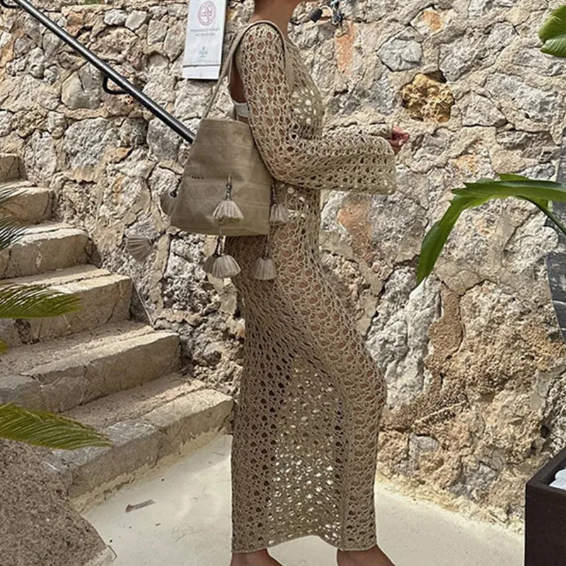 Damen Häkel-Strandkleid mit weiten Ärmeln und modernem Netzdesign Drune