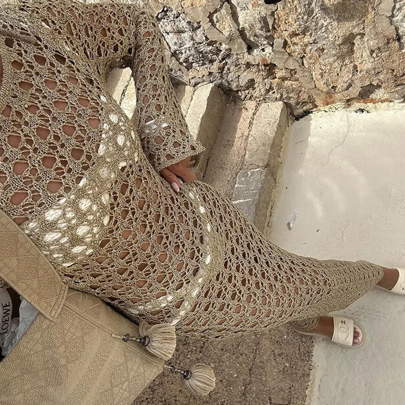 Damen Häkel-Strandkleid mit weiten Ärmeln und modernem Netzdesign Drune