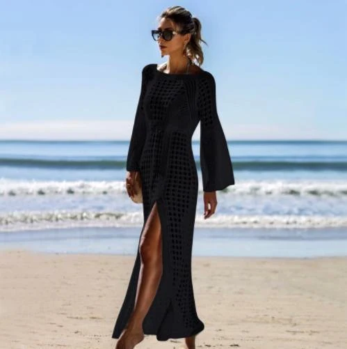 Damen Häkel-Strandkleid mit tiefem V-Ausschnitt und voluminösen Ärmeln Drune