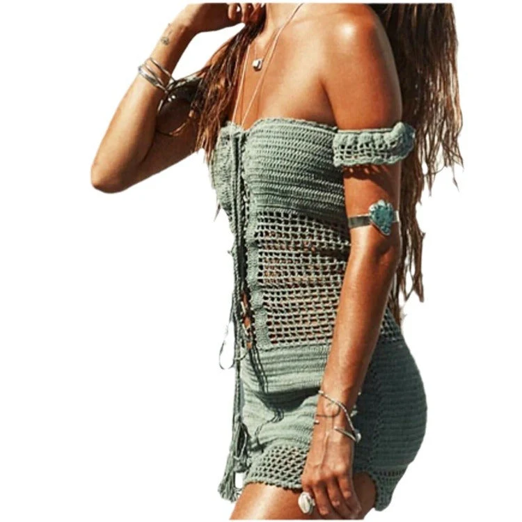 Damen Häkel-Strandkleid mit Off-Shoulder Design und verführerischem Rückenausschnitt Drune