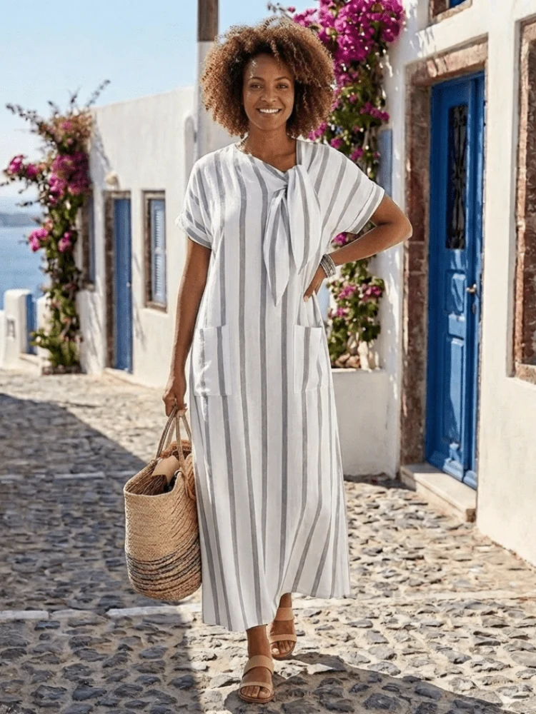 Elaris™ - Gestreiftes Midi-Kleid mit Bindeausschnitt