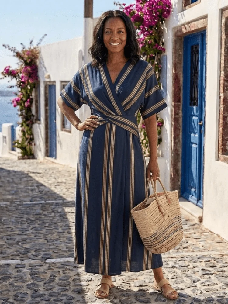 Saphira™ - Gestreiftes Wickel-Midikleid mit V-Ausschnitt
