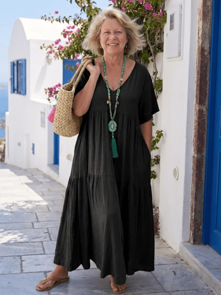 Zinnia™ - Blaues Stufen-Maxikleid mit Kurzarm