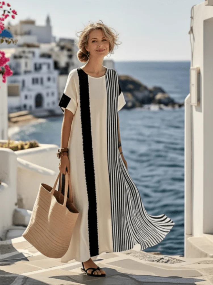 Elara™ - Gestreiftes Rundhals-Maxikleid