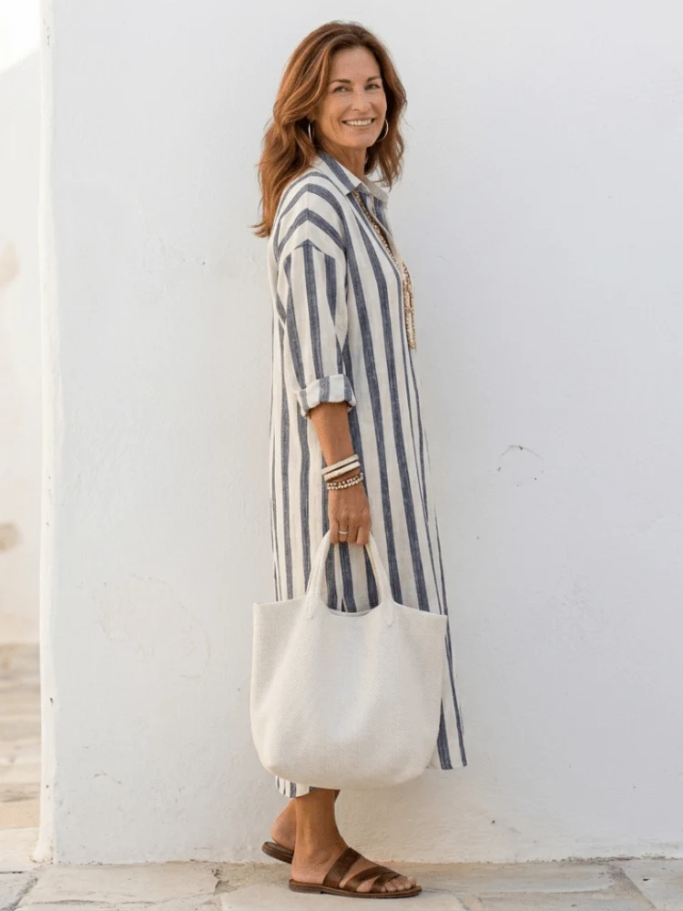 Naomi™ - Gestreiftes Langarm-Hemdblusenkleid