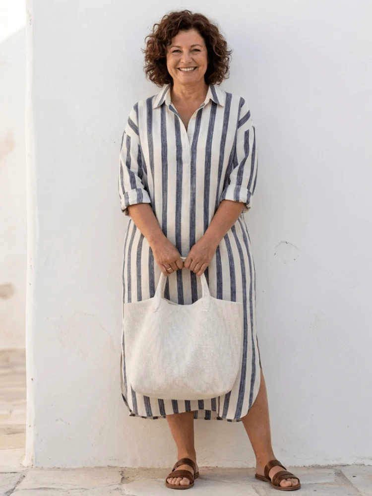 Naomi™ - Gestreiftes Langarm-Hemdblusenkleid