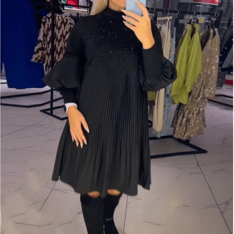 Marlene | Plus-Size Kleid mit Stehkragen und Laternenärmeln