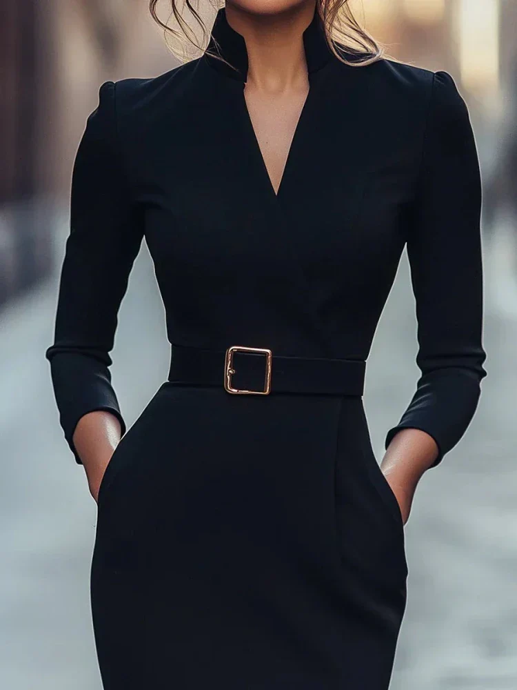 Natalia | Schwarzes Midi Kleid mit Gürtel