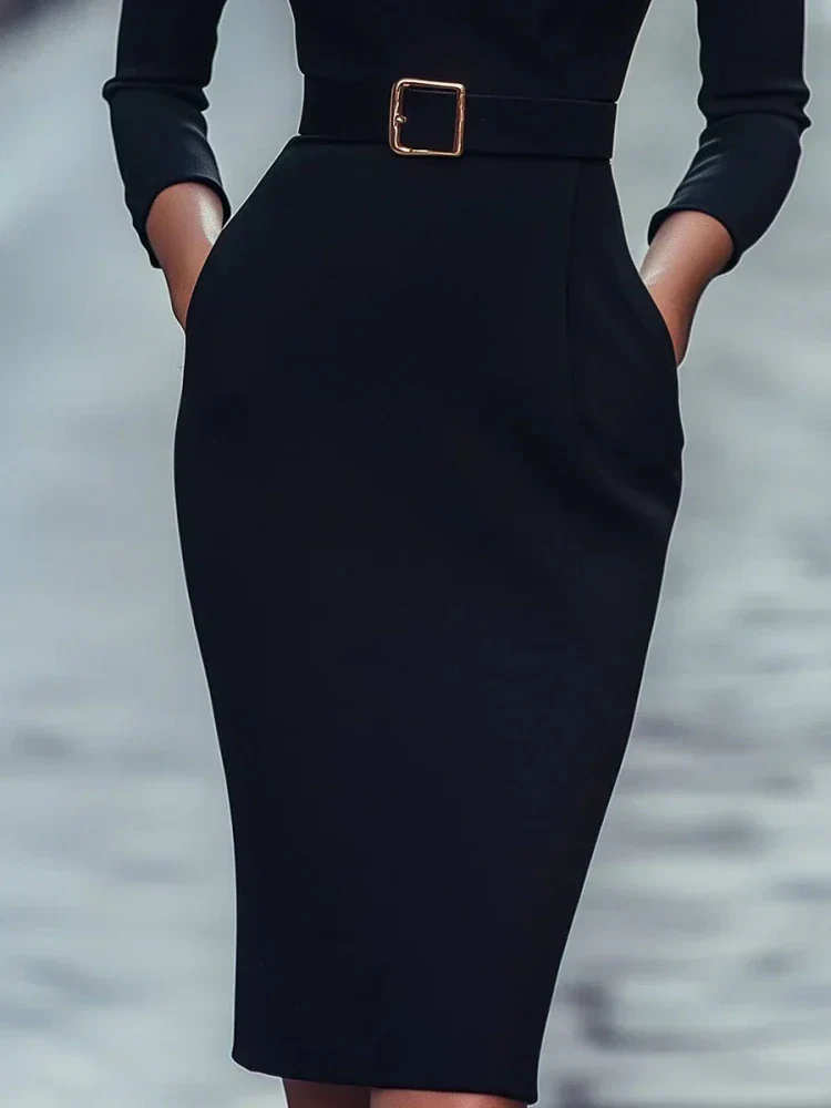 Natalia | Schwarzes Midi Kleid mit Gürtel