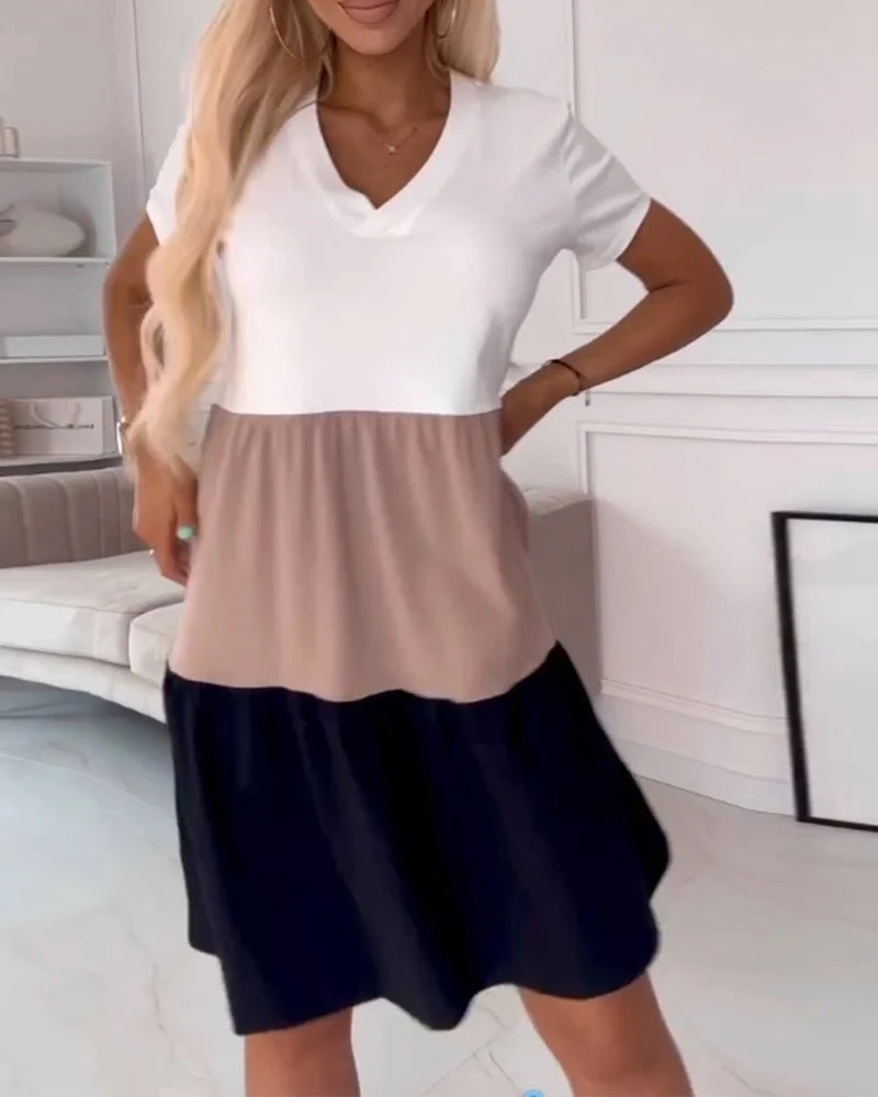 Alva | Farbblock Freizeitkleid mit kurzen Ärmeln
