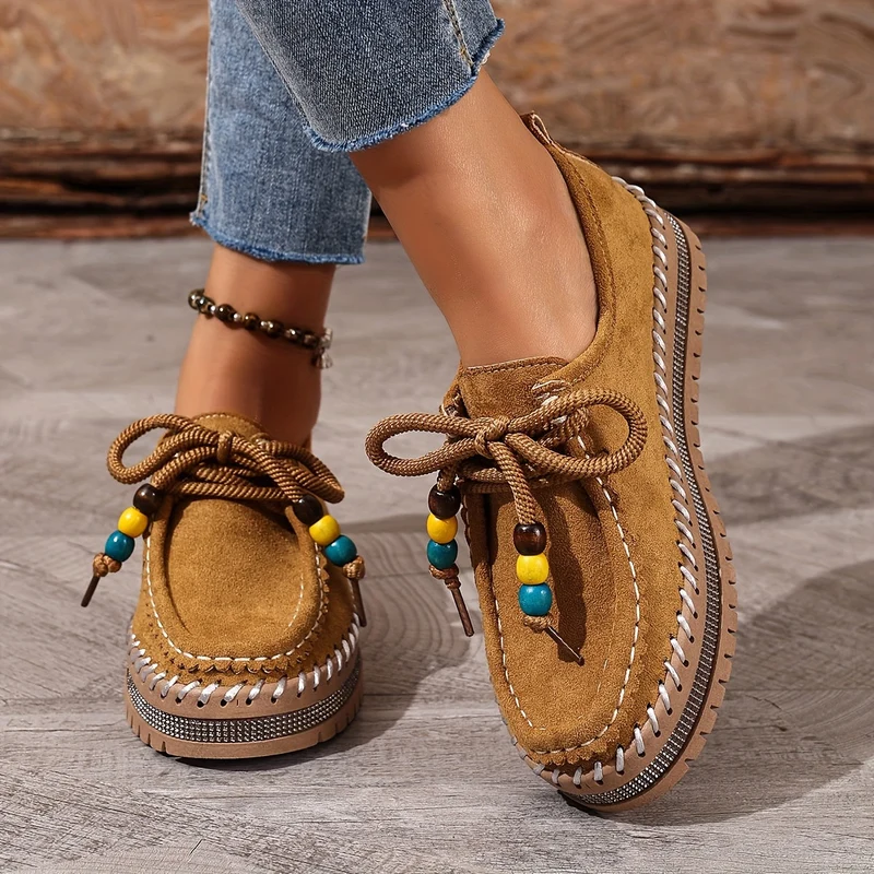 Damen Vintage Perlen Schnür Schuhe