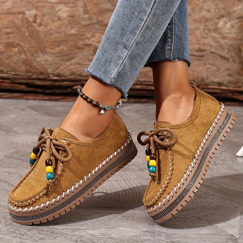 Damen Vintage Perlen Schnür Schuhe