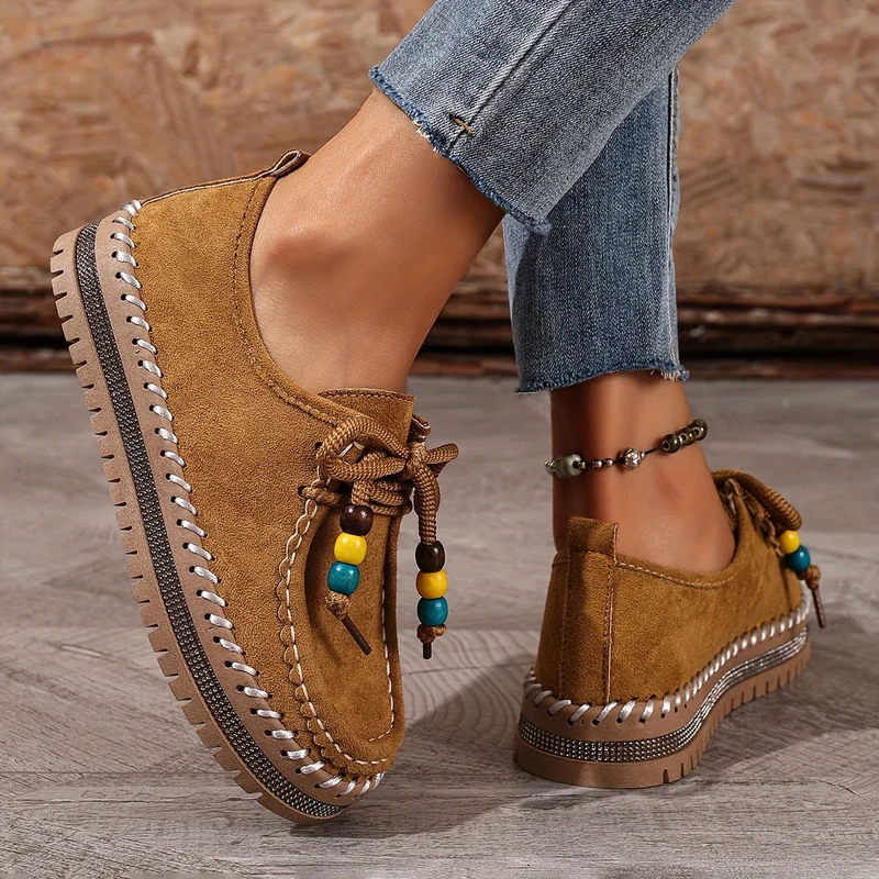Damen Vintage Perlen Schnür Schuhe