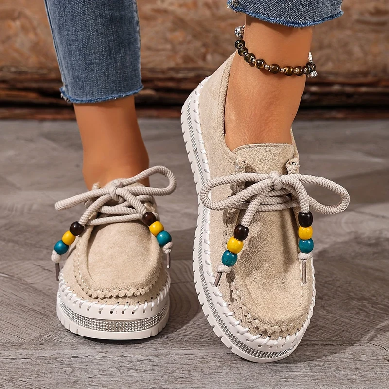 Damen Vintage Perlen Schnür Schuhe