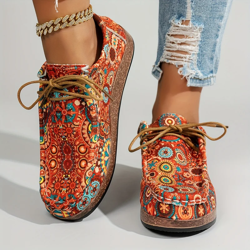 Damen Vintage Blumen Schnürschuhe