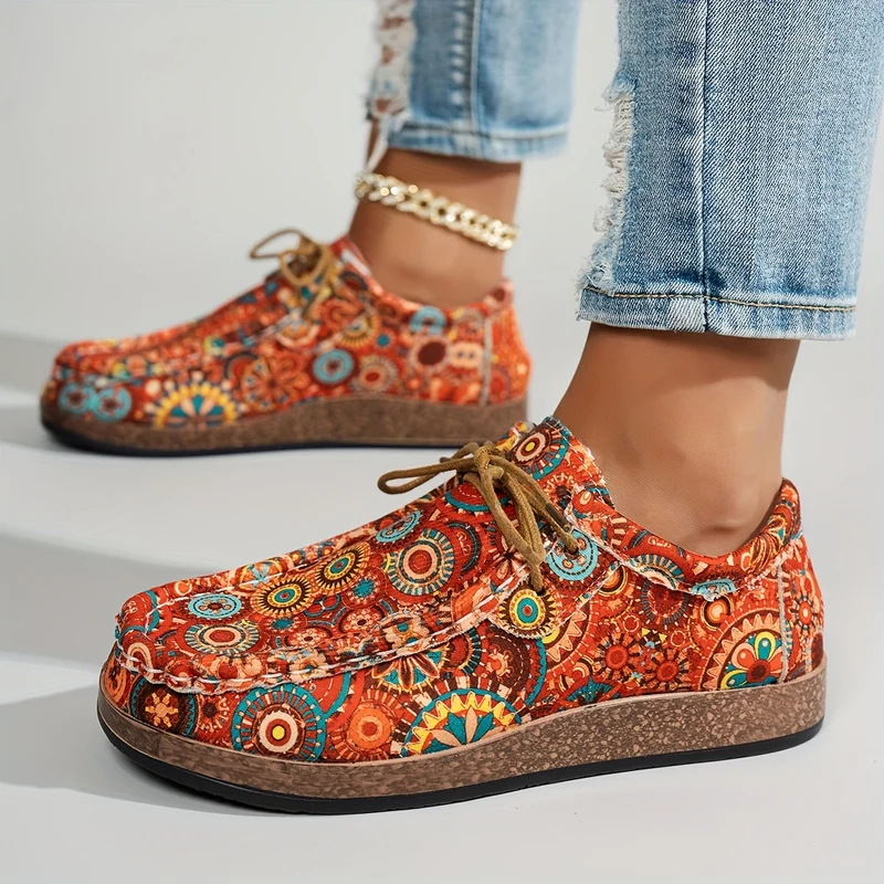 Damen Vintage Blumen Schnürschuhe