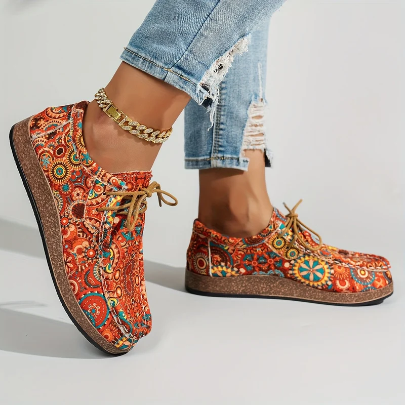 Damen Vintage Blumen Schnürschuhe
