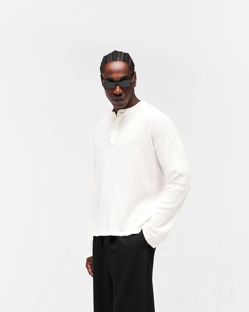 Initial Henley Waffle Long Sleeve T-Shirt - Flat White