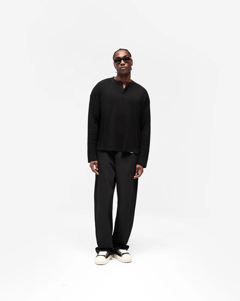 Initial Henley Waffle Long Sleeve T-Shirt - Jet Black