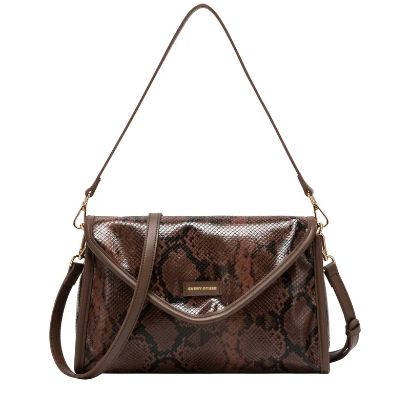 Every Other Snake Effect Flap Over Clutch Shoulder Bag - Brown