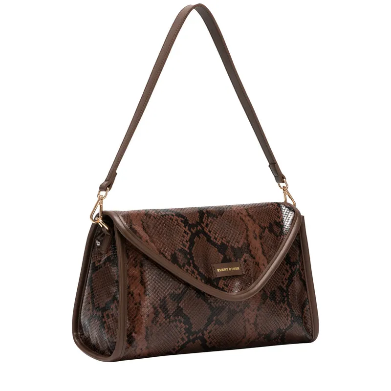 Every Other Snake Effect Flap Over Clutch Shoulder Bag - Brown