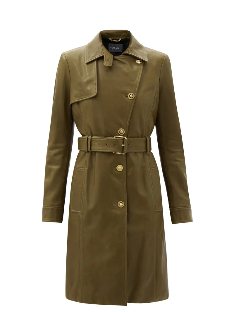 Medusa-button leather trench coat