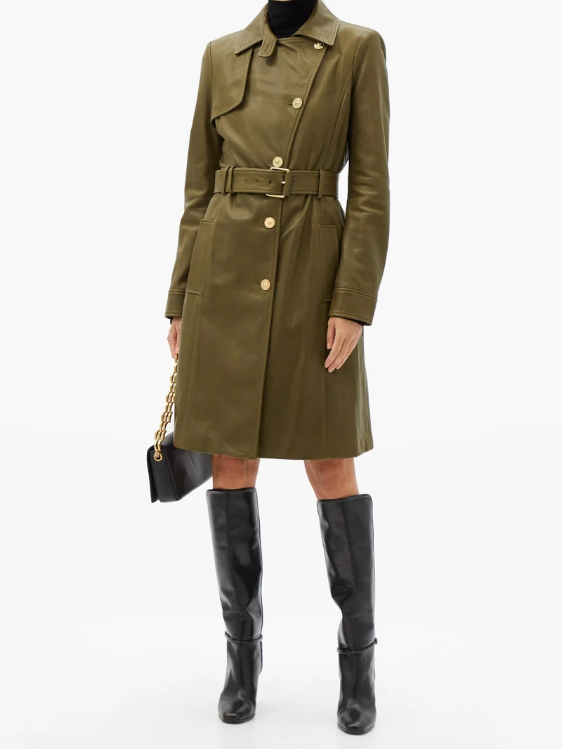Medusa-button leather trench coat