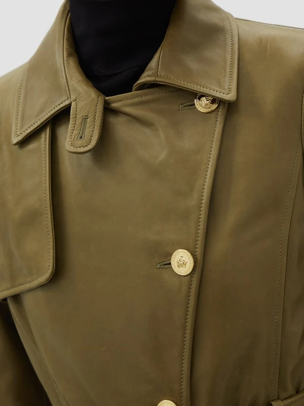 Medusa-button leather trench coat