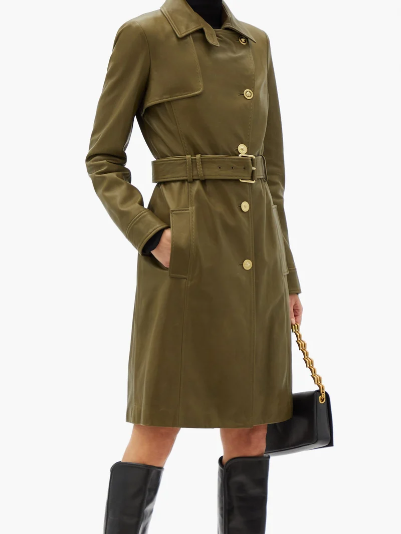 Medusa-button leather trench coat