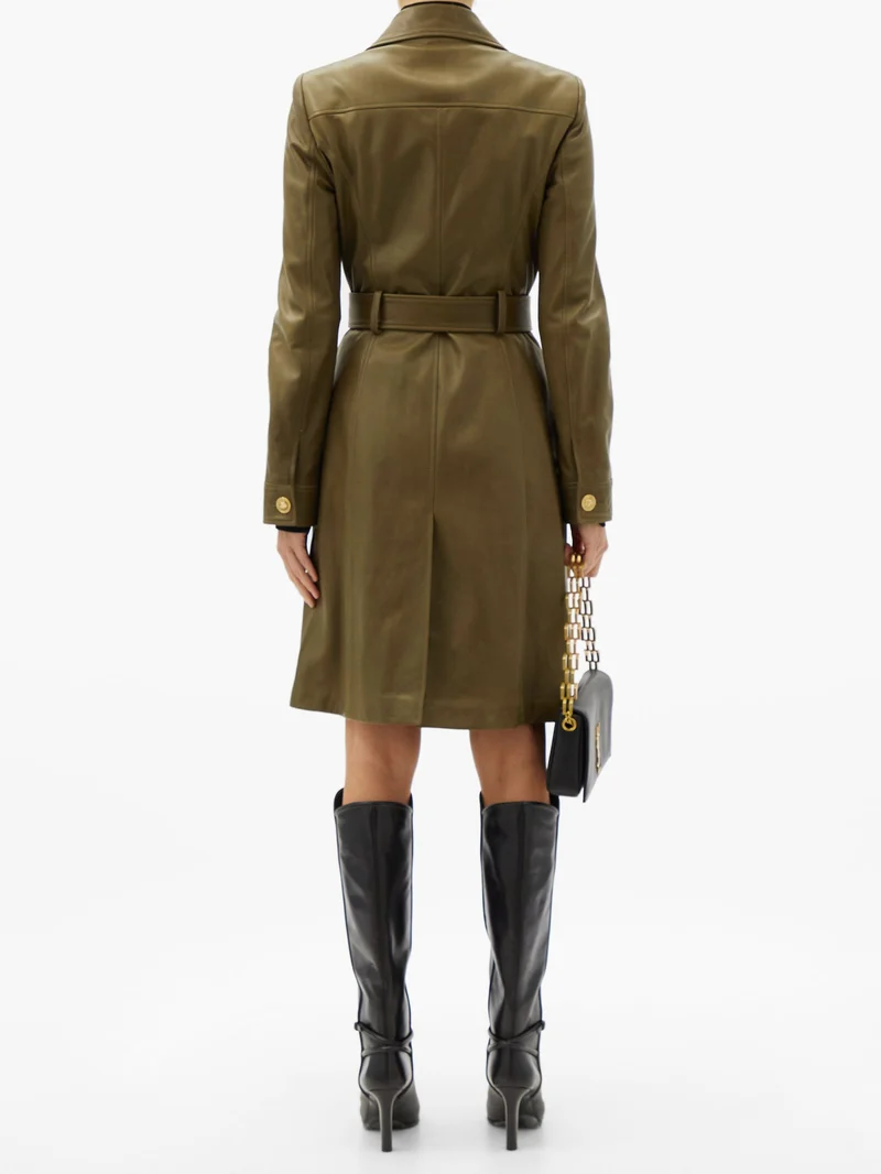 Medusa-button leather trench coat