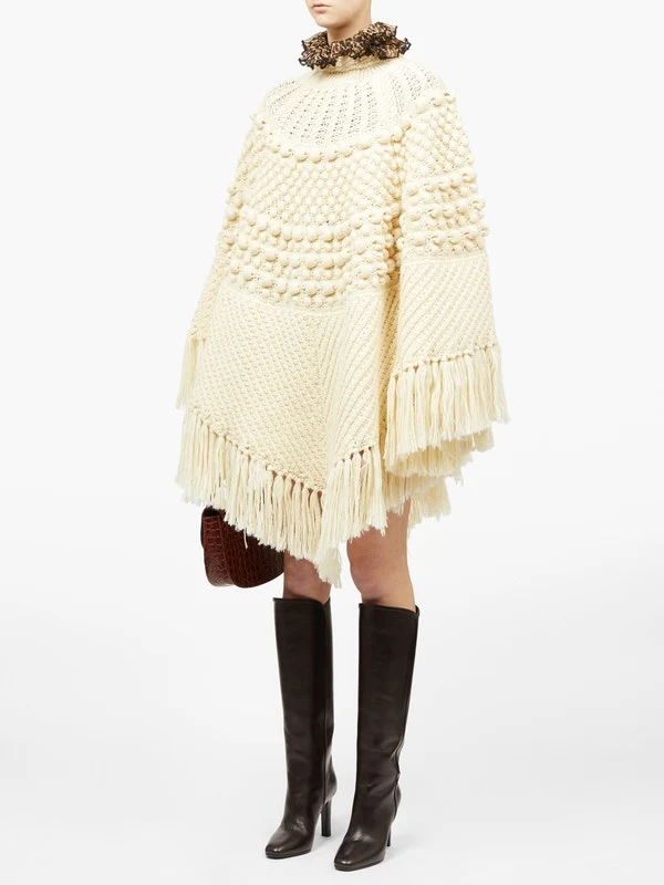Fringed bobble-knit poncho