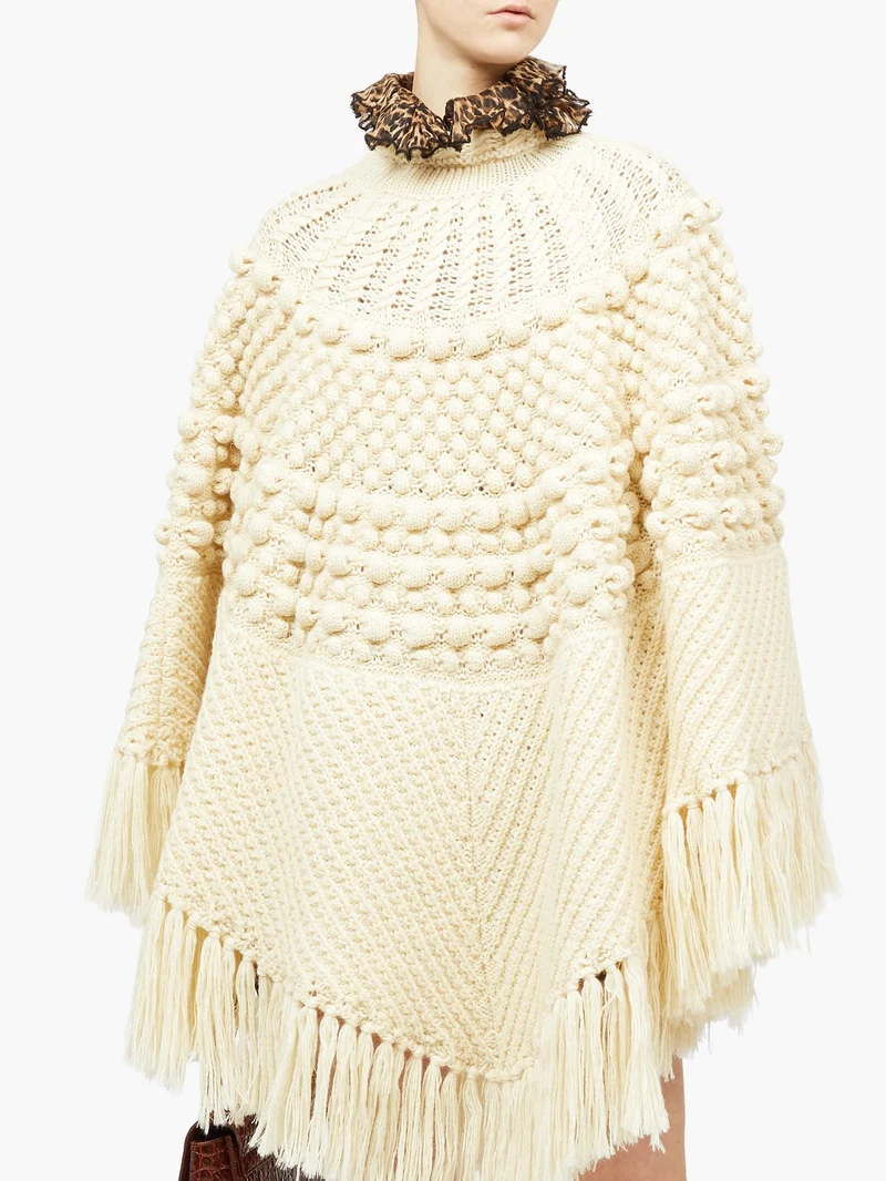 Fringed bobble-knit poncho