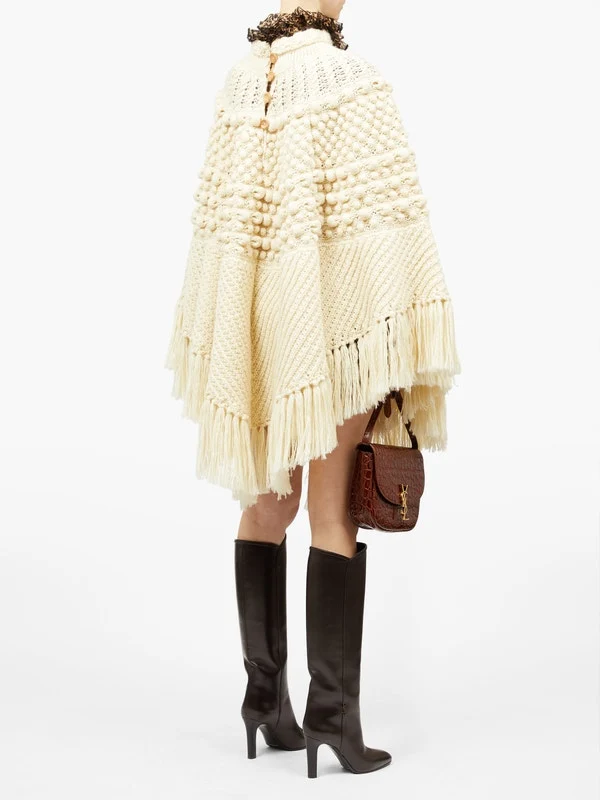 Fringed bobble-knit poncho