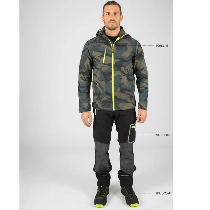 BOREL - BLOUSON DE TRAVAIL EN SOFTSHELL - 1511 | Woodland / Jaune fluo