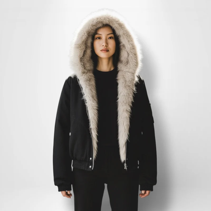 Unisex Kurzjacke mit Kunstfellkragen und elastischem Saum