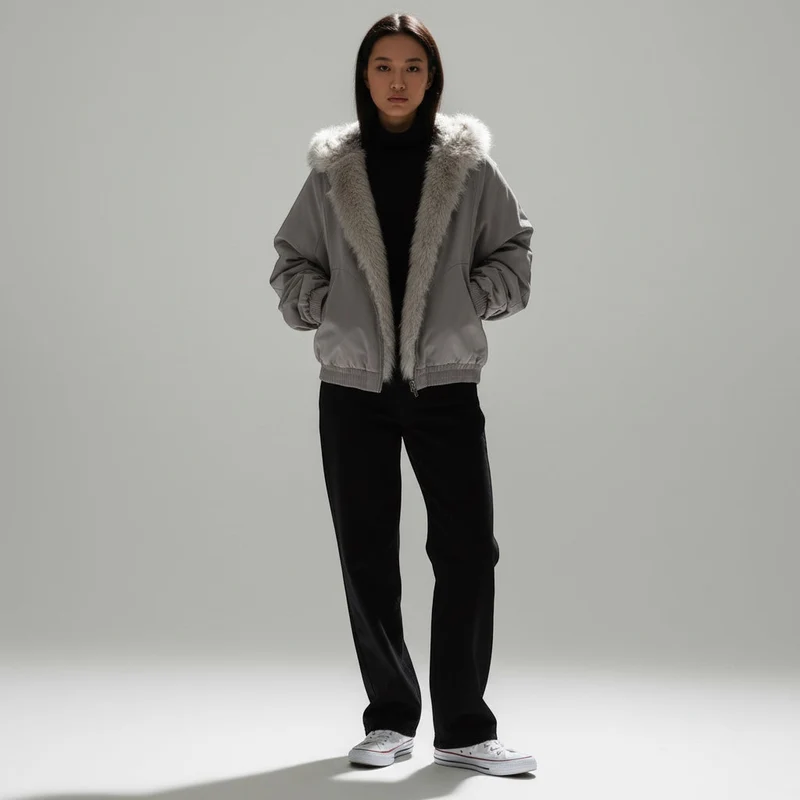 Unisex Kurzjacke mit Kunstfellkragen und elastischem Saum